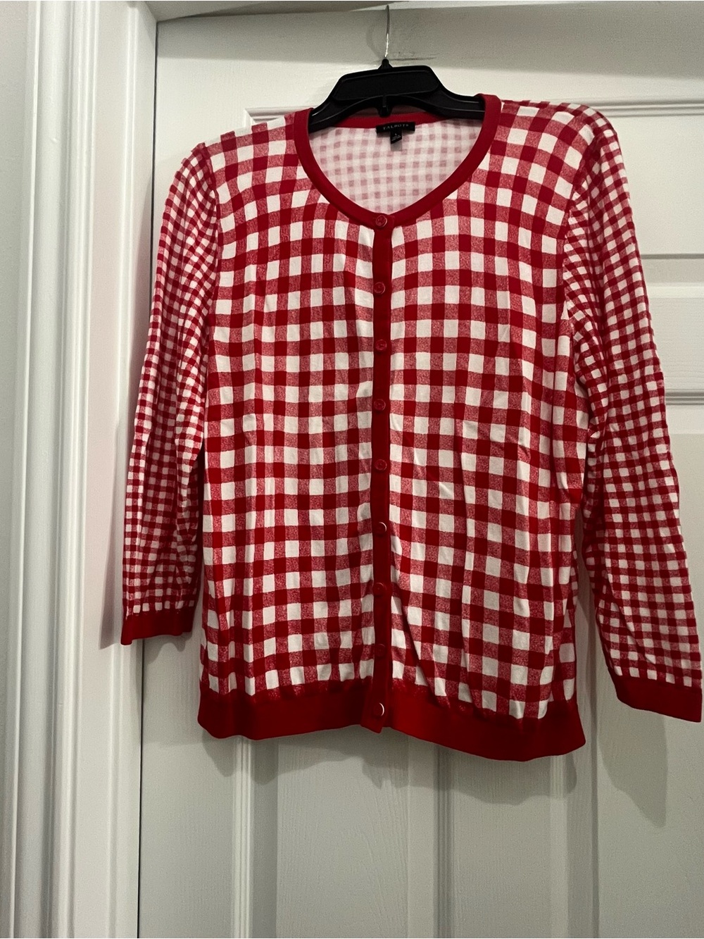Talbots Red and White Gingham Button-Front Cardigan